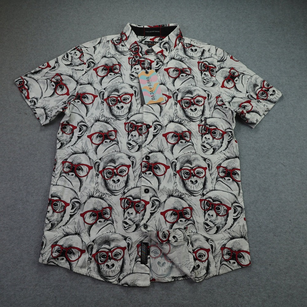 Baja Llama Shirt Mens Medium White Dr Yessir Monkey Glasses Button Up SS